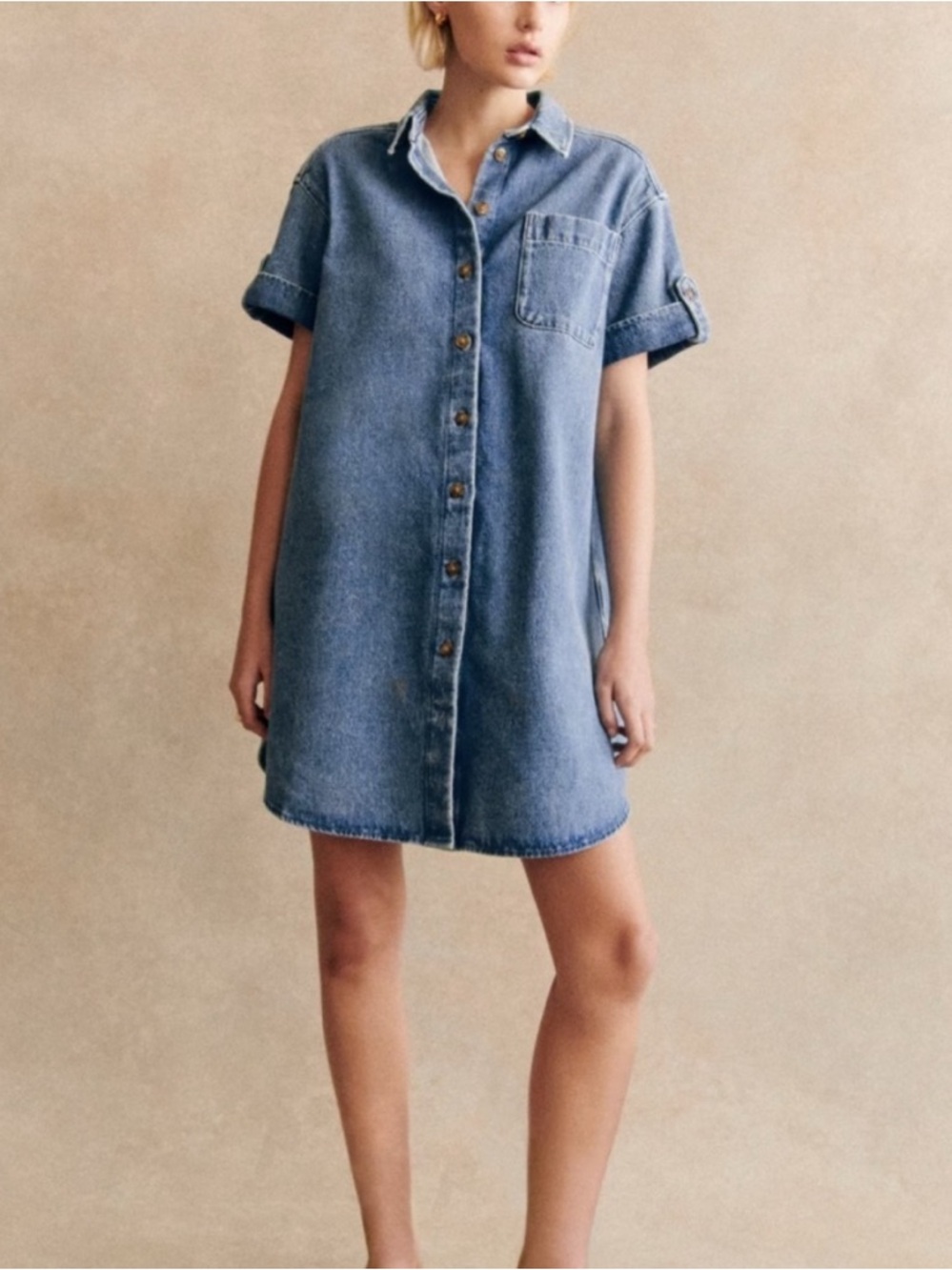 SEZANE Blue Denim 100% Cotton Oversized Button Down Mini Shirt Dress Ana Dress